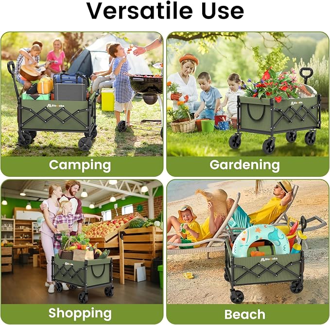 Collapsible Wagon with Wheels, 220 lbs Wagons Carts Foldable Wagon Cart with Flexible Handle, Lightweight Portable Folding Utility Grocery Shopping Cart for Grocery Sports Garden Camping, Green