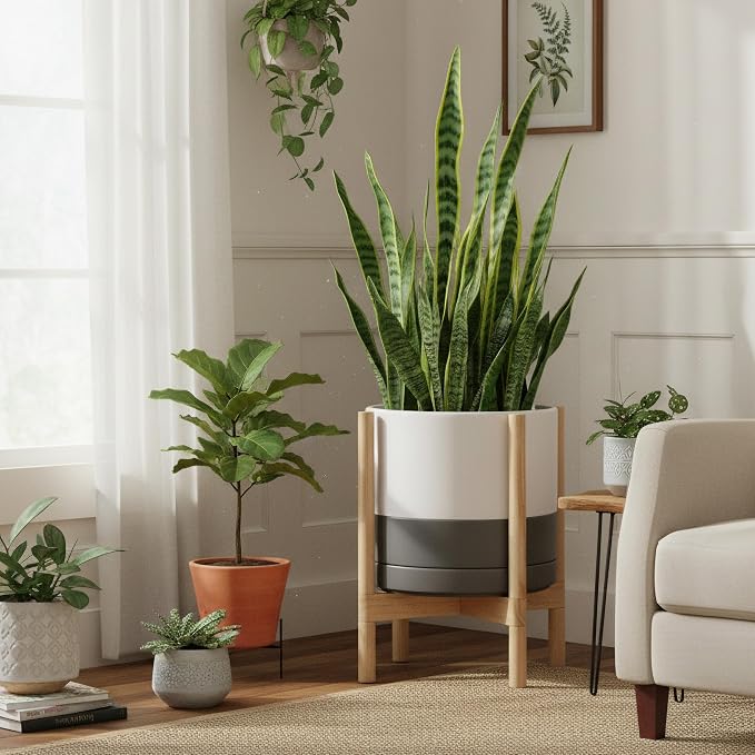 D'vine Dev Ceramic Planter with Natural Stand - 14 Inch Modern Round Flower Pot with Wood Planter Holder, White/Grey, 55-B-R-6