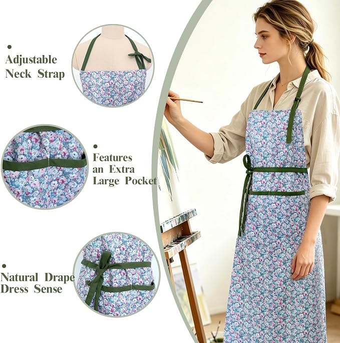 Women's Vintage Floral Kitchen Apron for Cooking & Gardening | Adjustable Neck Straps & Large Pockets, Cute Pinafore for Baking Tea Time, Practical Hostess Gift(Sage Pink)