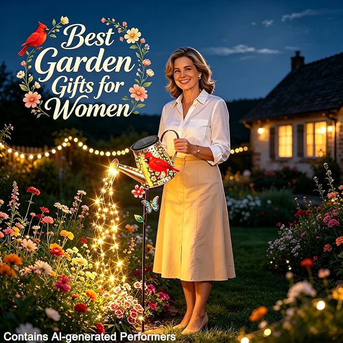 Solar Watering Can with Lights Outdoor Garden, 41in Large Red Cardinal Garden Stake Lights, Waterproof Decoration for Yard Lawn Pathway, Gifts for Mom Grandma Women Birthday Gardening Gift