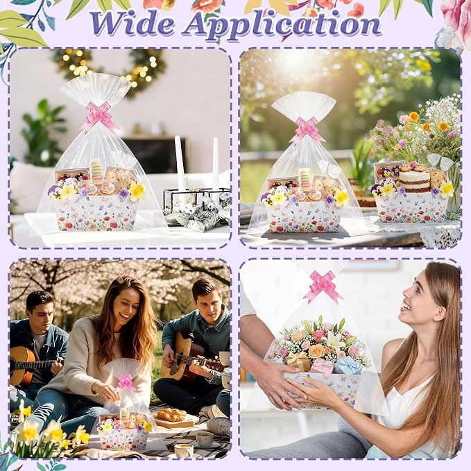 Qinyoung 12 Pack Spring Baskets for Gifts Empty Wildflower Gift Basket with Handles, Pull Bows, Cellophane Bags and Twist Ties for Easter Butterfly Dragonfly Wildflower Party Favor Supplies, 9.8x6.5''