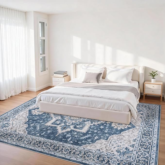 6x9 Washable Area Rugs for Living Room Blue Non-Slip Rug | Vintage Medallion Rug，Soft Low Pile Large Rugs，Indoor Retro Carpet for Bedroom Nursery Dining Table Farmhouse Home Office