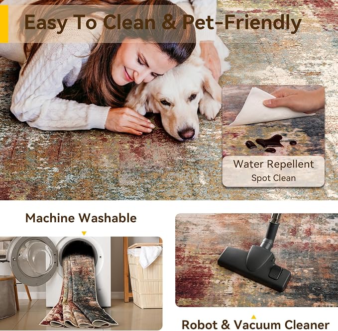 RELEANY Washable Runner 3'x9' Abstract Area Rug for Hallway Rustic Brown | Carpet for Kitchen, Entryway, Bathroom, Living Room, Bedroom, Printed Pattern, Non‑Slip, Soft, Stain‑Resistant, Easy to Clean