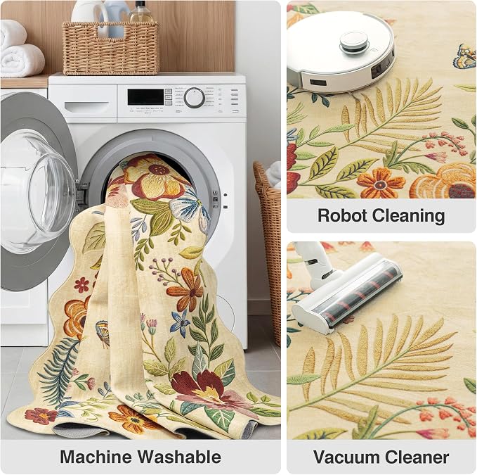 FMFUNCTEX 4x5 Washable Beige Floral Vintage Scalloped Area Rug for Entryway | Flower Colorful Traditional Boho Non Slip Low Pile Cottage Indoor Carpet Entrance Soft Rug Living Room Bedroom Kitchen Office