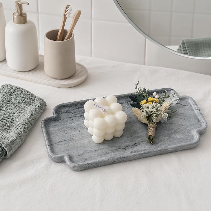 Natural Marble Scalloped Tray 12in Solid Stone Vanity Organizer | Grey Natural Marble Scalloped Vanity Tray 11.8x5.9" Hand-Polished Stone Dish for Candle, Jewelry, Bathroom Decor