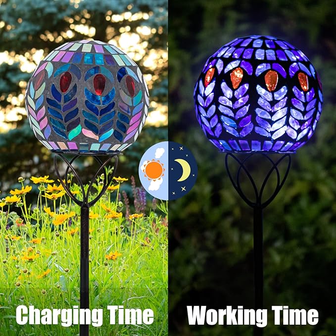VCUTEKA Decorative Solar Garden Lights, 6" Mosaic Globe Outdoor Stake | Mosaic Glass Design with Solar Light, Weather Resistant, Auto On/Off and Metal Stake Design For Lawn and Patio, Black