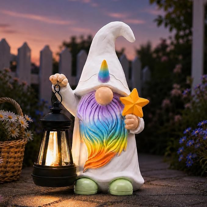 Solar Unicorn Gnome Garden Decor: Outdoor Sculpture with Lantern | IP65 Weatherproof for Yard Balcony Porch Lawn Birthday Gifts for Mom Women Grandma