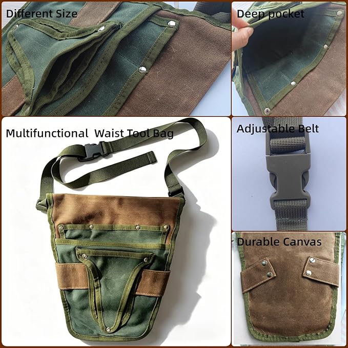 Gardening Tool Pouch for Waist, Hands-Free Canvas Tool Belt with 6 Pockets – Adjustable Waist Apron for Gardening Tools (Gardening Tools NOT Included)-Green