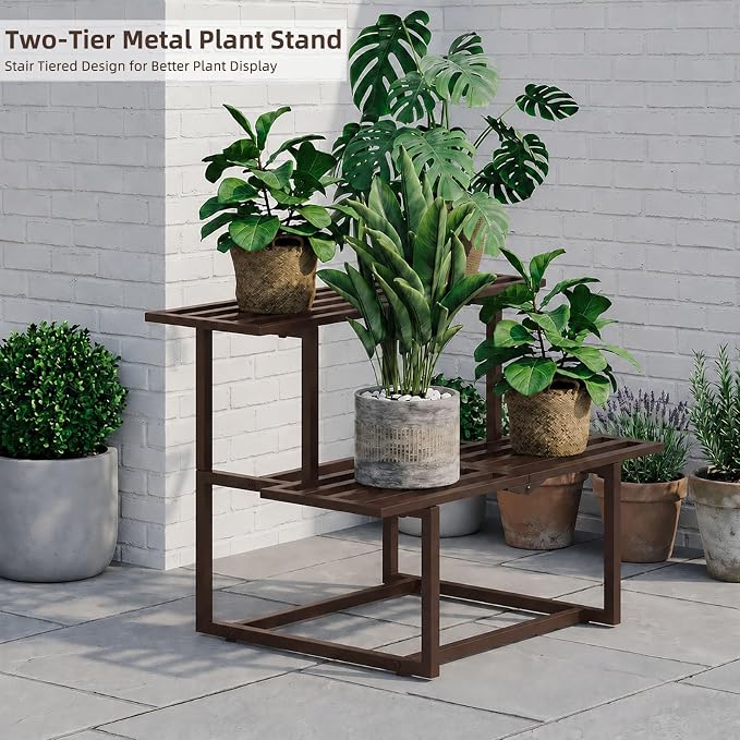 Plant Stand Indoor Outdoor, Foldable Metal Plant Shelf for Multiple Pots, Mid Century Slatted Bench for Patio Garden, Heavy Duty Capacity 330 lbs 2 Tier Coffee