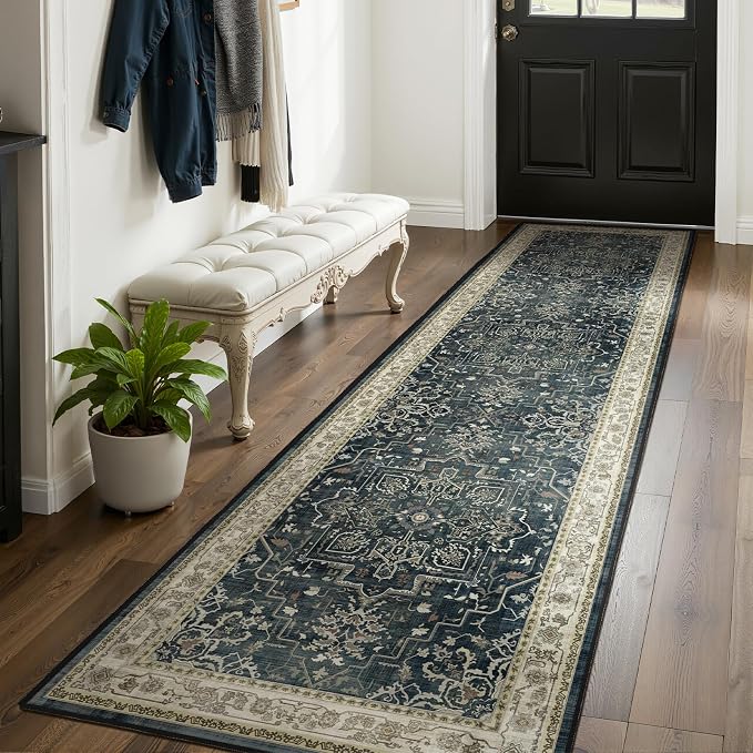 Medallion Hallway 2x8 Runner Rug, Washable Non Slip Entryway Runner Indoor, Low Pile Thin Vintage Distressed Carpet Runners 8ft for Kitchen/Bedroom Bedside/Laundry Room/Bathroom, Midnight/Multi