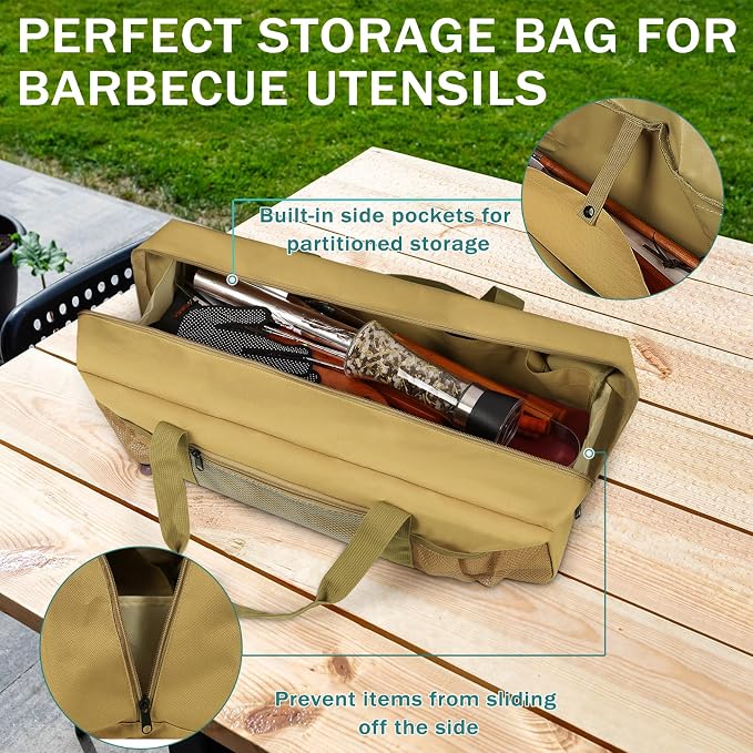 Grill Tool Storage Bag, Large Grill Utensil Storage Caddy with Pockets, Portable Grill Accessory Storage Bag for Outdoor Camping & BBQ (Brown)