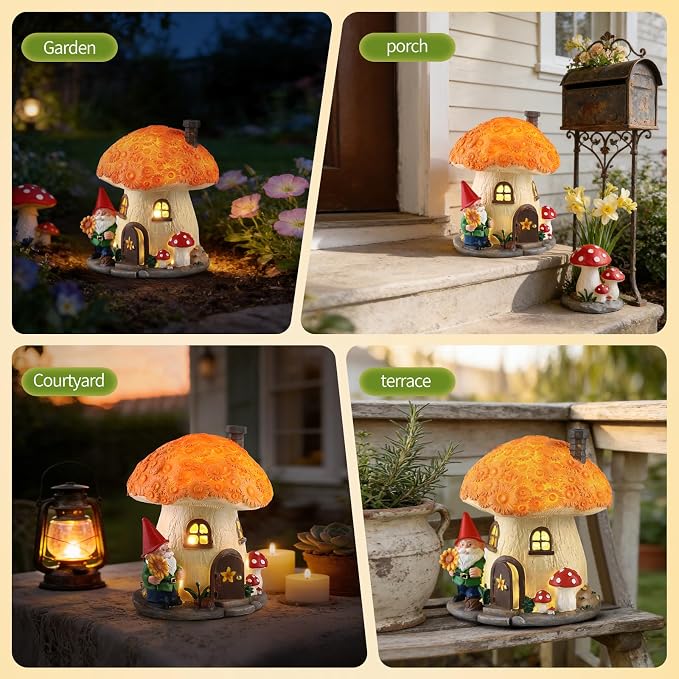 7.48" Mushroom House Garden Statue with Solar Light, Sunflower and Snail | Whimsical Outdoor Garden Decor for Lawn, Balcony, Patio, Porch and Yard, Charming Housewarming Gift for Garden Lovers