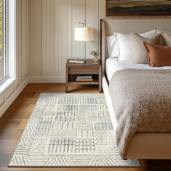Area Rug 4x6 Abstract Geometric Textured Brushstroke - Neutral Gray & Light Blue Modern Minimalist Area Rug, Decorative Carpet for Living Room Bedroom Home Decor