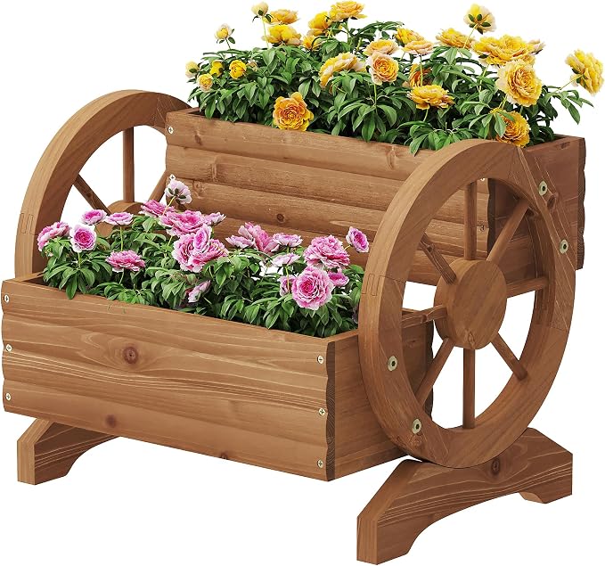Wooden Wagon Planters for Outdoor Plants, Flower Cart, Wood Planter Boxes Outdoor, Backyard Decor, Flower Planters Outdoor with Wheels Planter for Flowers Vegetables (Brown)
