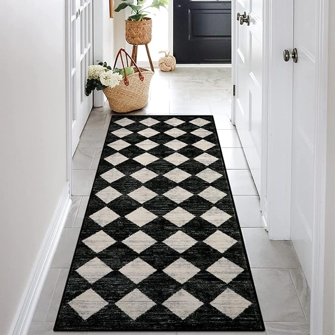Checkered Kitchen Runner Rug 2x6 Black, Non Slip Washable Hallway Bathroom