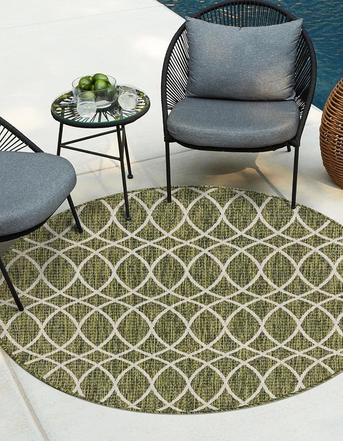 Unique Loom Outdoor Trellis Collection Area Rug - Gitter (3' 1" Round, Green/ Ivory)