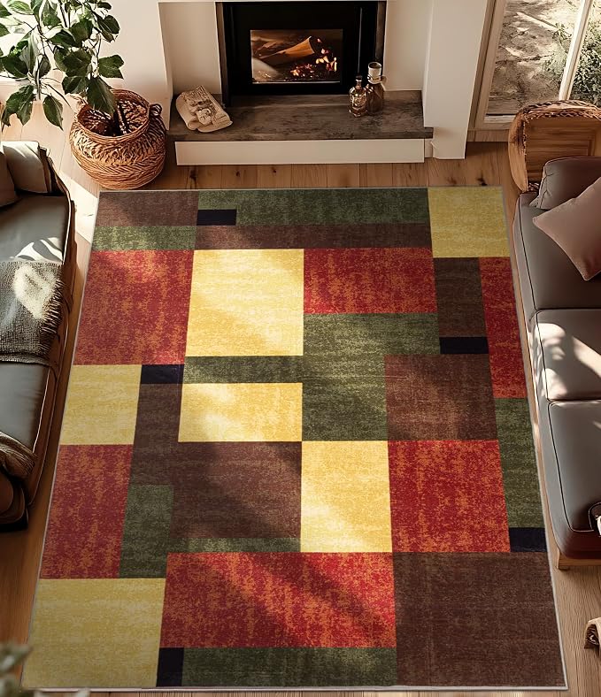 Red and Green Area Rug 6x9 for Living Room,Burgundy Farmhouse Rugs Washable, Burnt Orange Vintage Rug Non Slip,Geometric Boho Area Rug for Kitchen,Dining Room,Bedroom