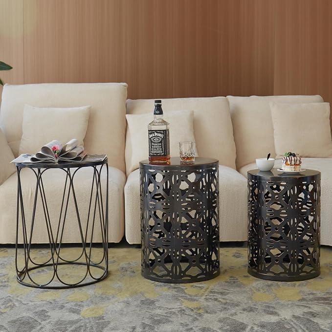 Y&M Outdoor Side Tables Set of 3, Round Metal Stacking Patio Side Tables, Indoor & Outdoor End Tables, Decorative Garden Stool Plant Stand for Patio, Garden, Balcony, Porch, Black with Bronze