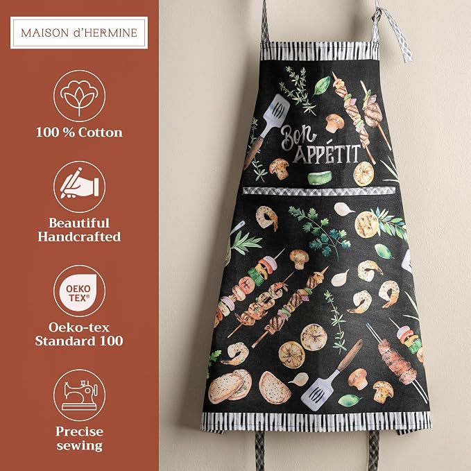 Maison d' Hermine Aprons for women with Pocket 100% Cotton (27.50"x31.50") | Adjustable Neck Strap & long ties Apron Men Chef Wedding Cooking Gardening Server Maid