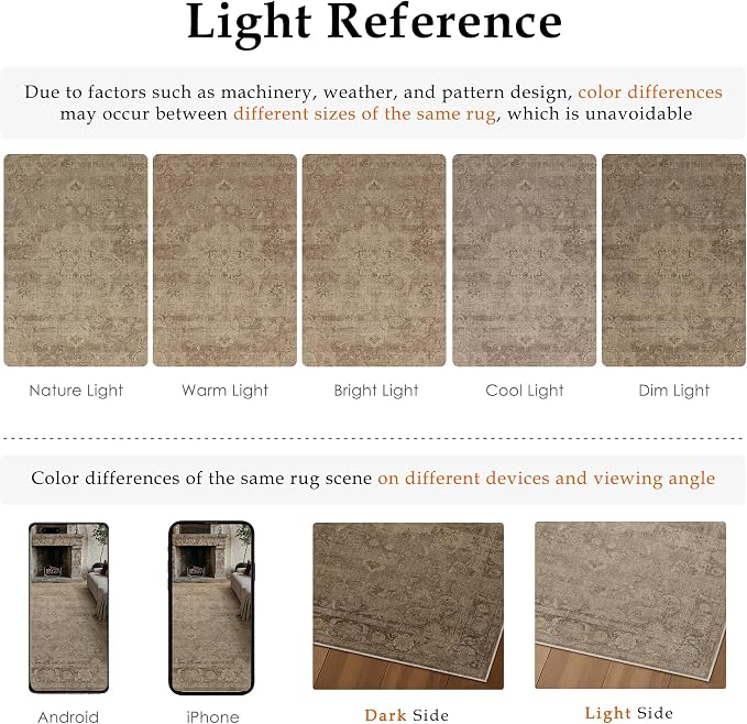 Brown 5x7 Washable Area Rug Bedroom Vintage Distressed Carpet | Soft Low Pile, Non Slip, Stain Resistant, Traditional Retro Decor for Dining Room, Living Room, Office, Kids Room