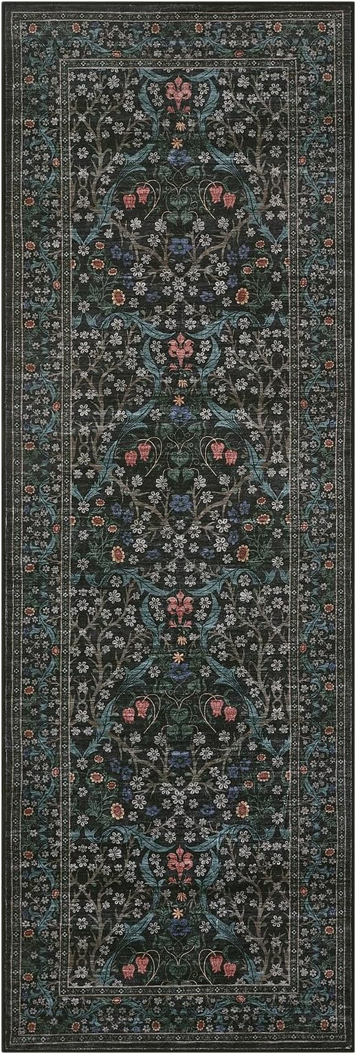 GarveeHome Dark Black Floral 2x6 Washable Kitchen Runner Rug | Vintage Stain Resistant Rugs for Entryway Hallway Bedroom Bathroom Low-Pile Non-Slip Soft Botanical Boho Rug TPE Backing