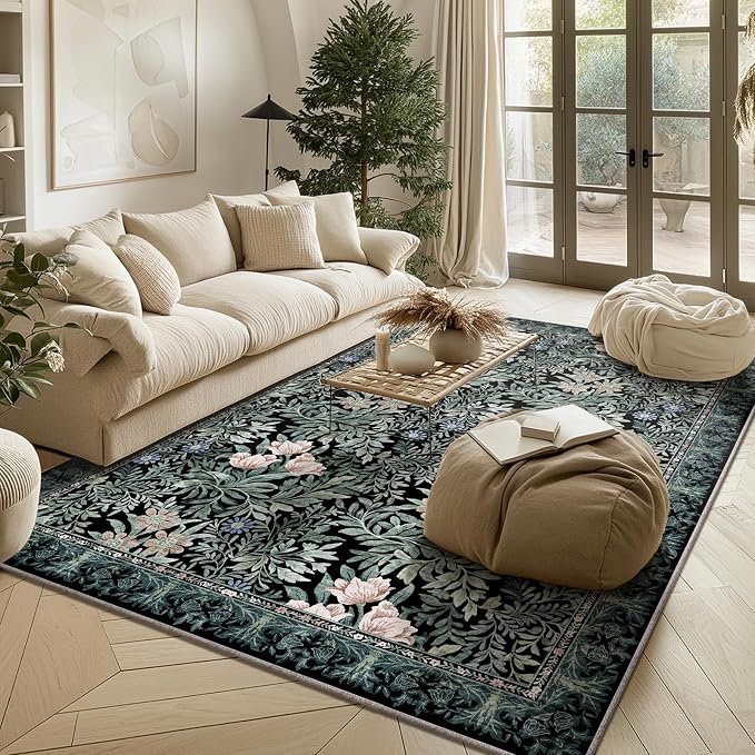 Washable Area Rugs 5x7 Black Green Vintage Floral Botanical Pattern,Perfect for Living Room, Bedroom, Kids Room, Nursery - Stain & Water Resistant Non-Slip, Pet & Child Friendly/Bedroom Decor