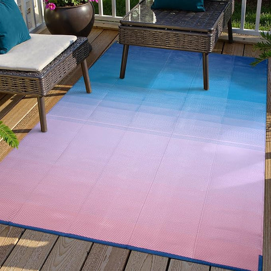 Lahome 6x9 Outdoor Rugs for Patios, Waterproof Camping Deck Rugs for Tents, Lightweight Plastic Straw Rugs for Outside Balcony Backyard Garden, Blue Pink 6'x9'