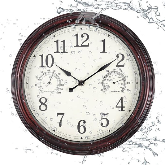 12 inch Outdoor Wall Clock, Plastic Waterproof Outdoor Clocks with Temperature & Humidity, Water Resistant Wall Clock for Patio Garden, Dark Brown