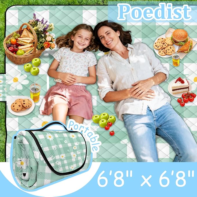 Extra Large Picnic Blanket Waterproof,80"x 80"Foldable Machine Washable Beach Blanket,Outdoor Blanket for 6-8 Adults,Suitable for Indoor Crawling,Park Beach,Camping,Hiking,Family Travel(Light green)