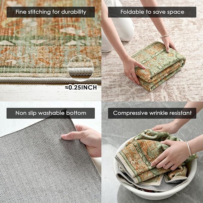 RUGIXE 8'x10' Sage Green/Rust Vintage Boho Washable Living Room Area Rug
