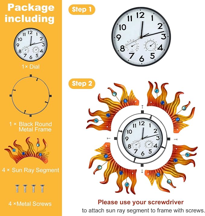 20 Inch Large Outdoor Clock with Thermometer and Hygrometer Combo, Silent Non-Ticking Sun Outdoor Wall Clock, Outdoor Clocks Waterproof for Patio, Garden, Kitchen, Living Room