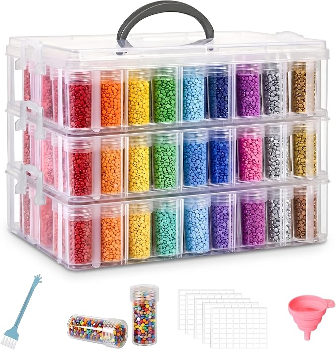Diamond Painting Storage Container, 3-Tier Bead Organizer Box with 150 Slots, Stackable Crafts Organizers for DIY Diamond Art Craft Jewelry Bead Storage