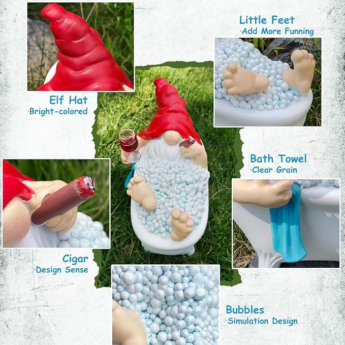 Toncoke Funny Garden Gnomes for Outdoor, 7 Inch Gnomes Decorations for Yard with Bathtub & Wine Glass, Gnome Garden Decor for Home Patio Lawn, Gnomes Gifts for Women Spring Summer Christmas Halloween