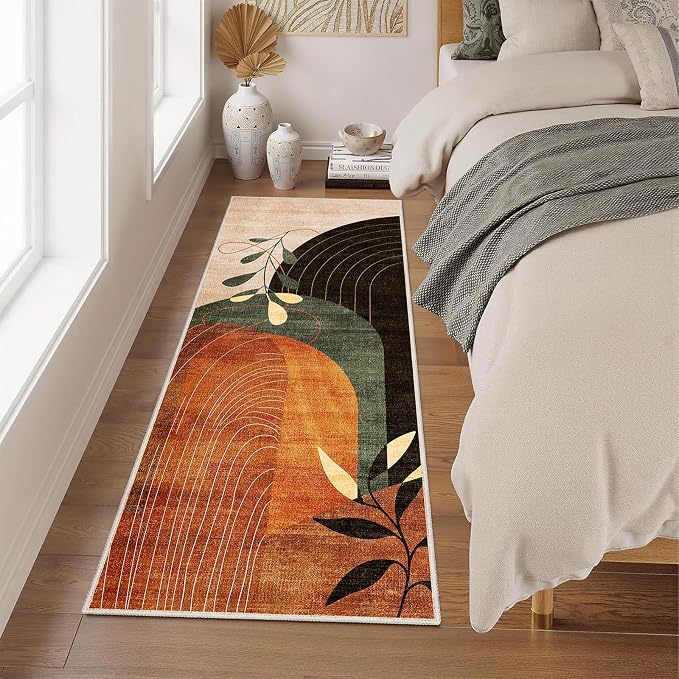 Washable Runner Rug 2x6 Area Rug Non Slip Mid Century Modern | Long Throw Carpet Runner for Hallway Kitchen Bedroom Bedside Laundry Room Floor Boho Abstract Retro Terracotta Rust