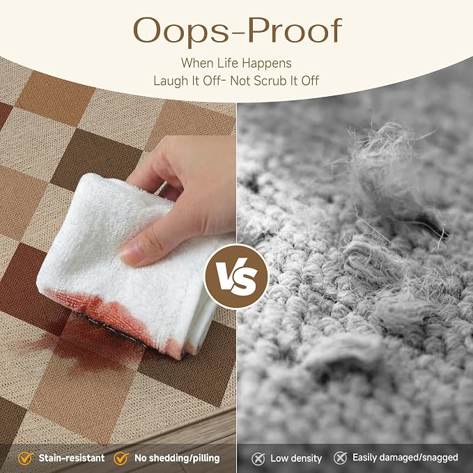 PureCozy 8x10 Checkered Easy Jute Area Rug for Living Room Large Checkerboard Washable Indoor Outdoor Carpet Farmhouse Patio Office Mat Geometric Non Slip Brown-Beige Carpet for Backyard Dining Room
