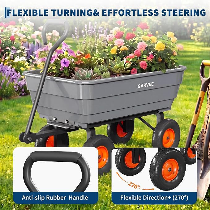 Garvee Poly Garden Dump Cart, Heavy Duty 600lbs Wheelbarrow Yard Cart Dump Wagon with 10”All Terrain Wheels, Garden Utility Wagon with Quick Release System& Convertible Handle Attach to ATV (Gray) | Heavy Duty,10”All Terrain Wheels, Garden Utility Wago...
