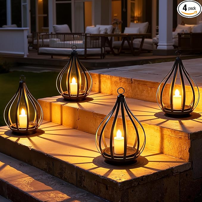 Solar Lanterns Outdoor Waterproof, Solar Lights Outdoor with Flickering Flameless Candle, Garden Decor Gifts for Women Mom Grandma, Hanging Solar Lights for Patio, Porch, Backyard, 4 Pack