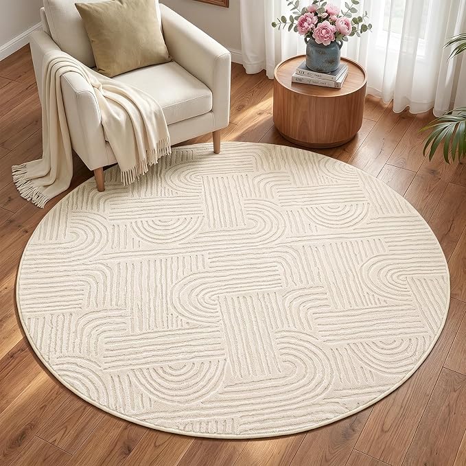 Etwel 5.2 ft Beige Geometric Textured High-Low Pile Washable Round Rug | Modern Soft Carpet, Non-Slip PVC Backing, Low Profile, Kid and Pet Friendly, for Living Room, Bedroom, Dining Room, Nursery