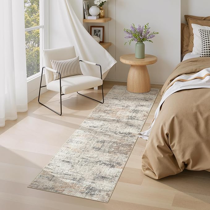 2X10 Area Rug for Hallways, Gold Abstract Washable Non-Slip Runner Rugs | Low Pile Runner Rugs, Soft Carpet for Kitchen Bathroom Bedroom Laundry, Stain Resistant Foldable Non-Shedding Distressed Rug