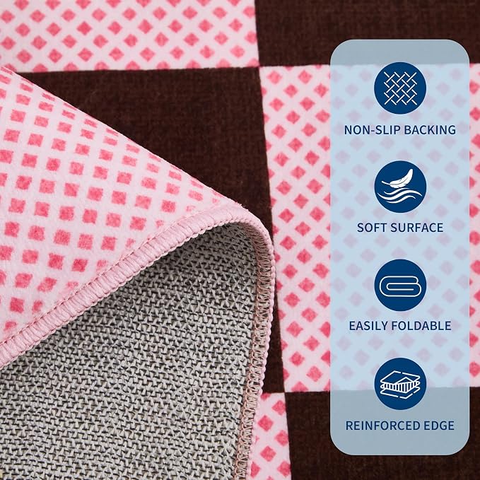 GarveeHome Checkered Brown Pink 3x5 Washable Girls Low-Pile Rug for Bedroom | Non-Slip Geometric Modern Small Brown Pink Soft Stain Resistant Boys Rug for Living Room Bathroom Entryway TPE Backing