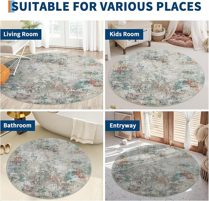 ROYHOME Modern Abstract 4x4 Round Area Rug Non Slip, Colorful | Non Shedding Rug Low Pile Stain Resistant for Bedroom Living Room office Dining Room