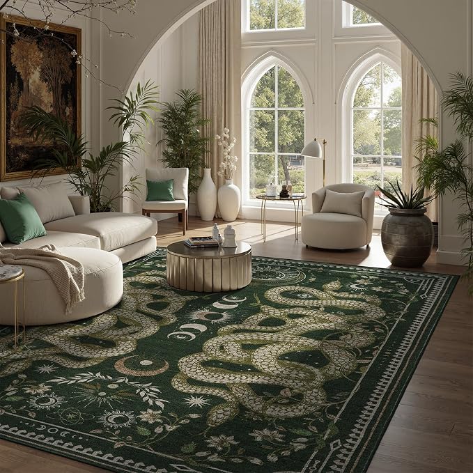 DCX 6x9 Washable Snake Rug for Living Room, Non Slip Low Pile Rug, Dark Green
