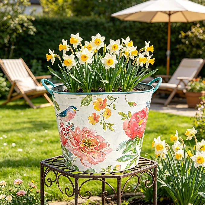 Vintage Watercolor Metal Bucket Planter with Floral & Bird Print , 13" Large Decorative Flower Pot with Handles for Indoor Outdoor Garden, Farmhouse Kitchen, Wedding and Rustic Home Decor (Flower#4)