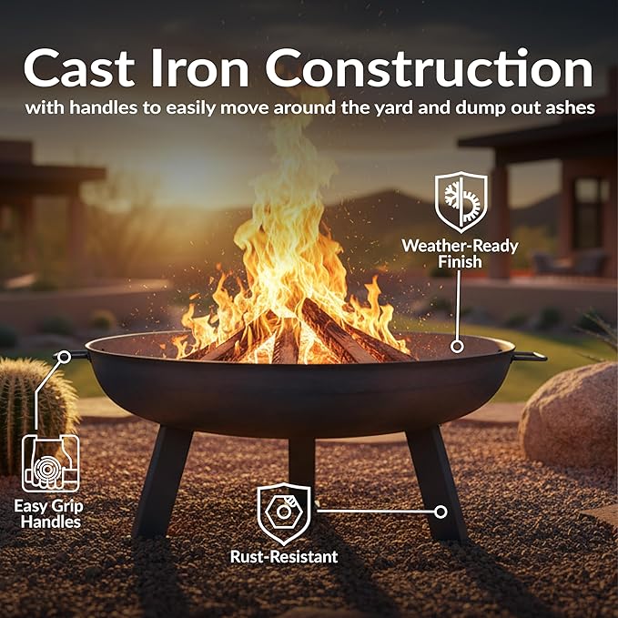 Sunnydaze Cast Iron Heavy Duty Fire Pit for Outside - Wood Burning Outdoor Fire Pit Bowl with Handles for Patio, Backyard, Camping - 30" - Gray