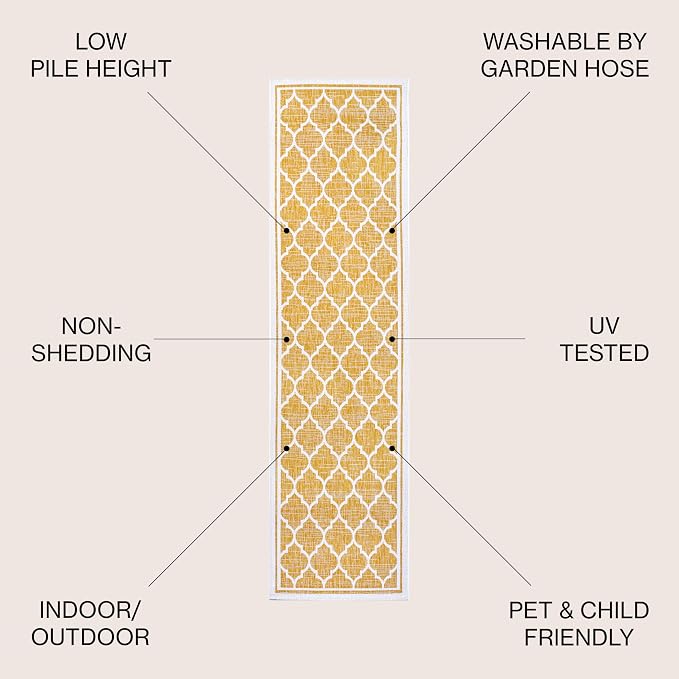JONATHAN Y Moroccan Trellis Indoor Outdoor Runner Rug 2X10 Yellow/Cream, Trebol Textured Weave for Backyard, Patio, Porch, Easy-Cleaning, High Traffic, Pet-Friendly, Non-Shedding (SMB109F-210)