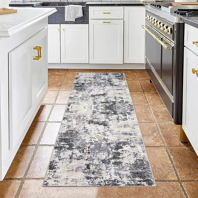 ROYHOME Modern Abstract 2x10 Runner Rug Washable, Black Yellow | Non Slip Stain Resistant Rug for Hallway Kitchen Bedroom Non Shedding Low Pile Indoor Floor Cover