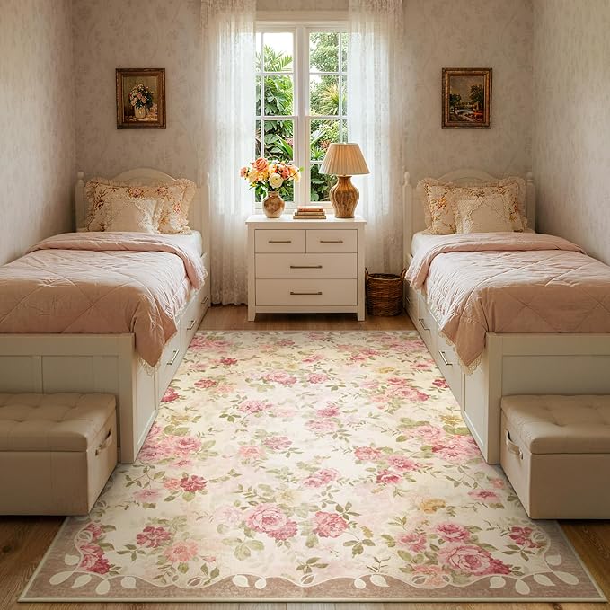 Lahome Floral Washable Rugs 5x7,Rugs for Living Room Pink Area Rug,Vintage Rugs for Bedroom Girls Non Slip Low Pile Ultra-Thin Large Carpet for Office Dining Room,Kids Playroom Nina (5'X7',Beige)