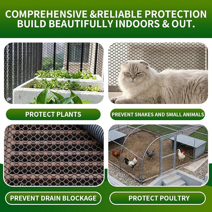 Plastic Chicken Wire Mesh Fence,Plastic Chicken Wire Roll 16in x 33ft,Garden Netting Fencing Barrier for Poultry, Animals, Pets and Balcony(Black)