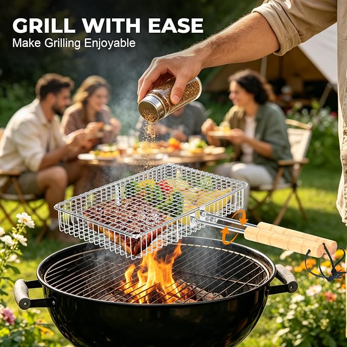 Grill Baskets for Outdoor Grill,Removable Wooden Handle and Divider Panel,BBQ Accessories for Grilling Fish,Veggies,Shrimp,Meat,Premium 304 Stainless Steel,Grilling Tools for Outdoor Cooking & Picnics,Gifts for Father’s Day,Birthday,Festival,Anniversary
