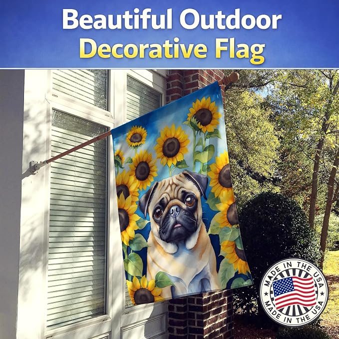 Caroline's Treasures DAC6145CHF Pug in Sunflowers House Flag Large Porch Sleeve Pole Decorative Outside Yard Banner Artwork Wall Hanging, Polyester, House Size, Multicolor
